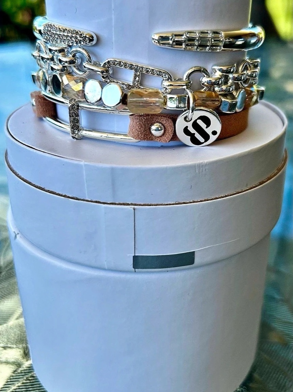 Bomb Party Silver & Brown Charm Stack Bracelet Like New